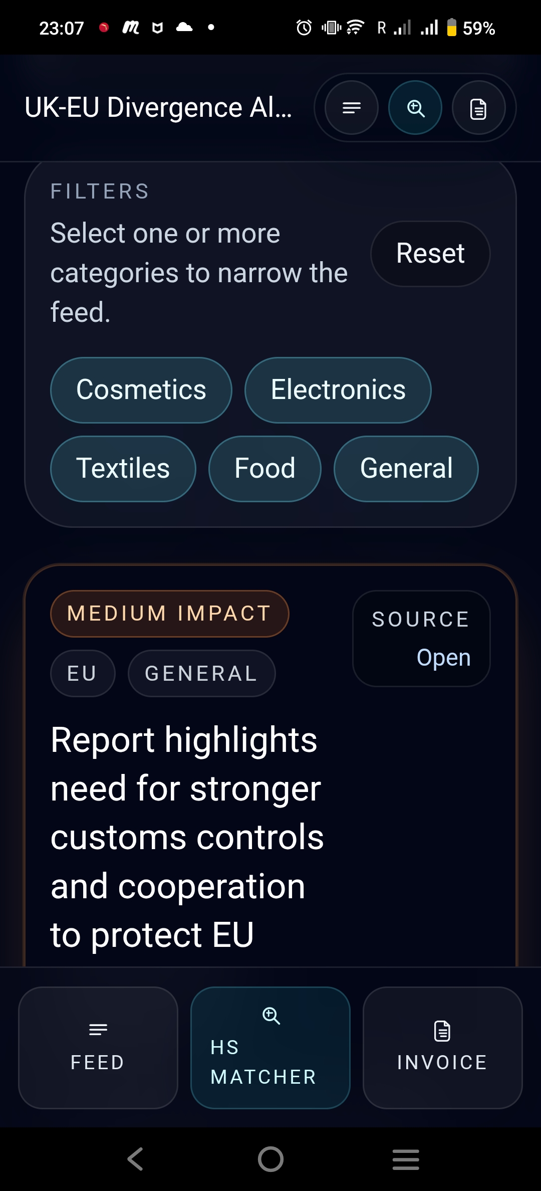 Migr8 Android app showing regulatory filters and a live border alert