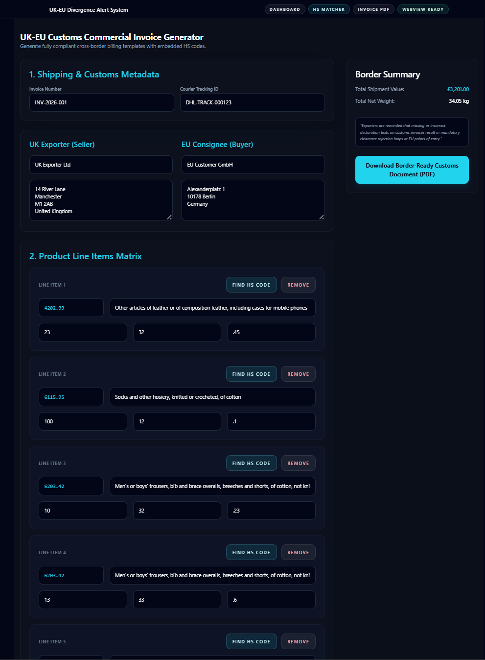 Migr8 commercial invoice generator populated with shipment and product line data