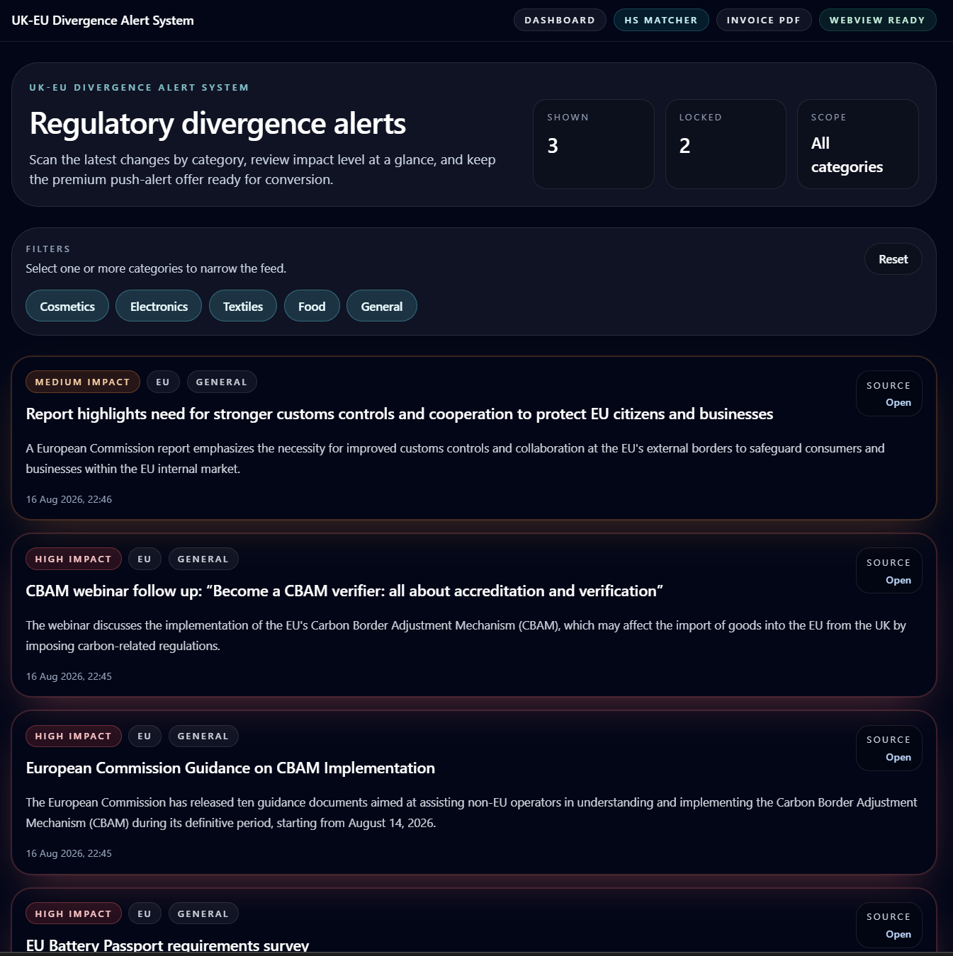 Migr8 regulatory alert feed showing UK and EU compliance developments by impact level